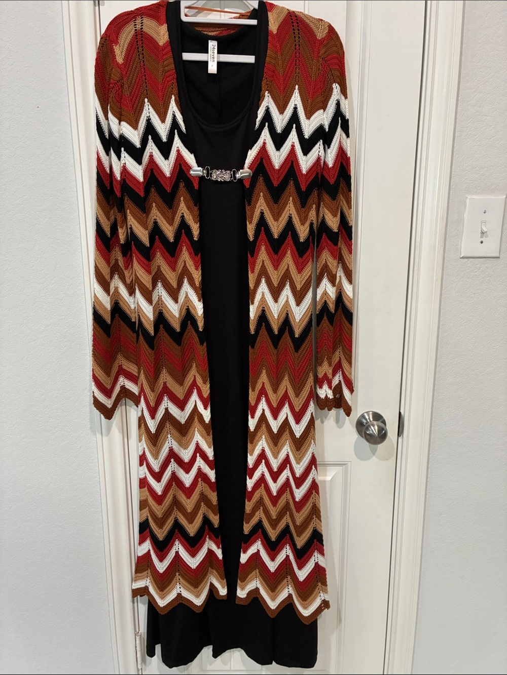 Long Chevron Knit Cardigan Sweater in Red, Brown & Black Sold as set dress XL-M